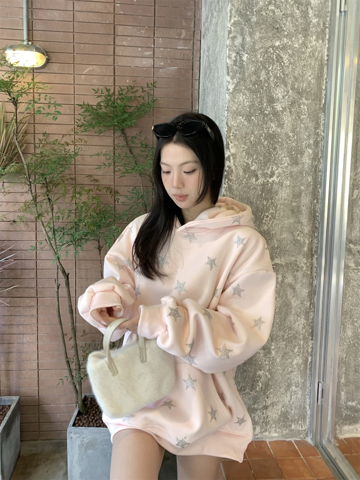 실사 정가 아메리칸 느긋한 루즈핏 디자인 센스 별 프린트 후드 티 스웨터 핑크색 후드티 이미지 4