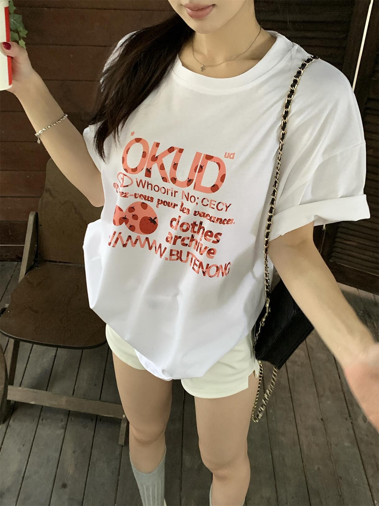 실사 정가 아메리칸 연인 딸기 알파벳 프린트 반팔 루즈핏 티셔츠 이미지 2