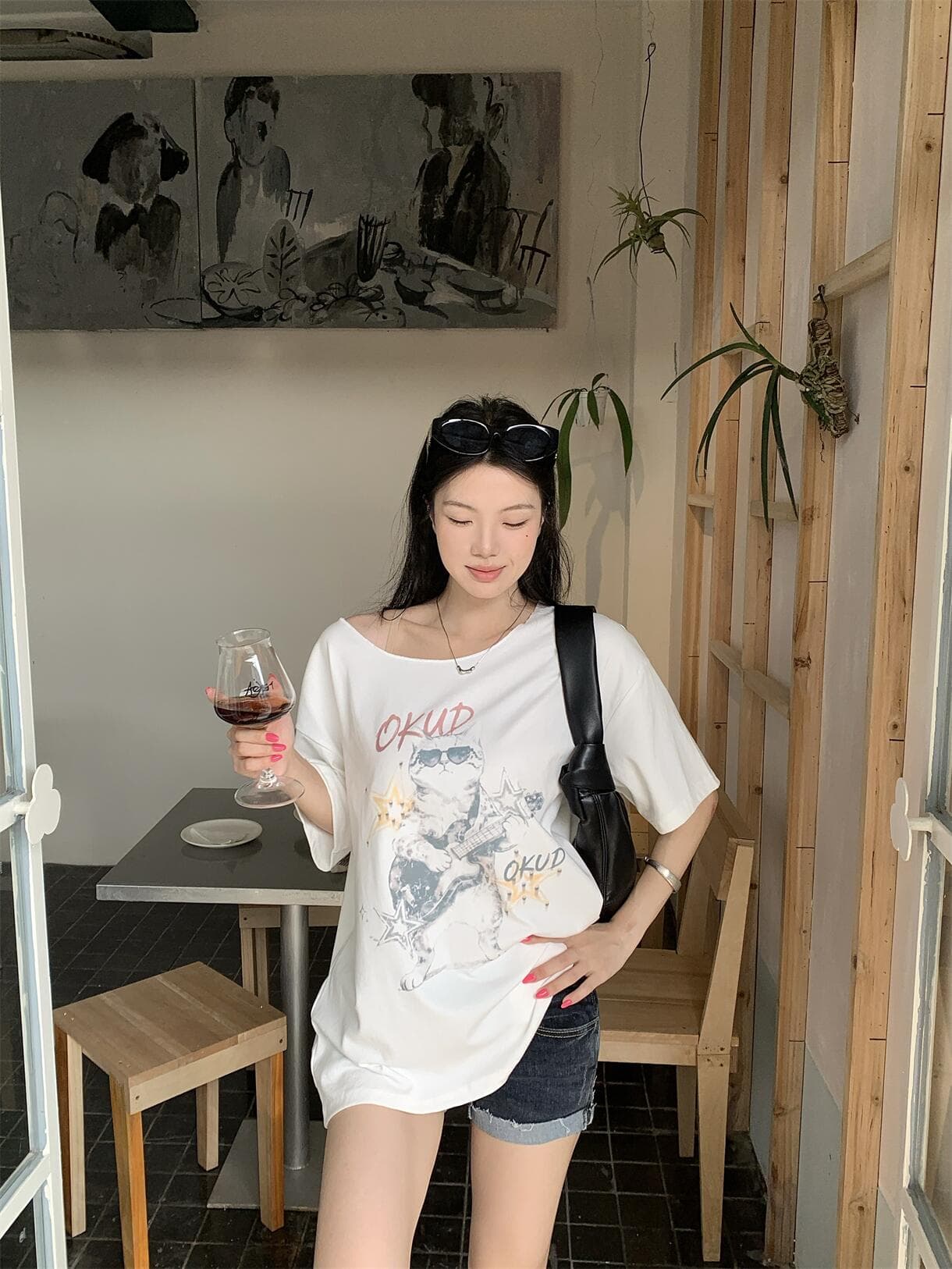 실사 정가 아메리칸 bm 비스듬한 어깨 록 고양이 프린트 루즈핏 티셔츠 이미지 3
