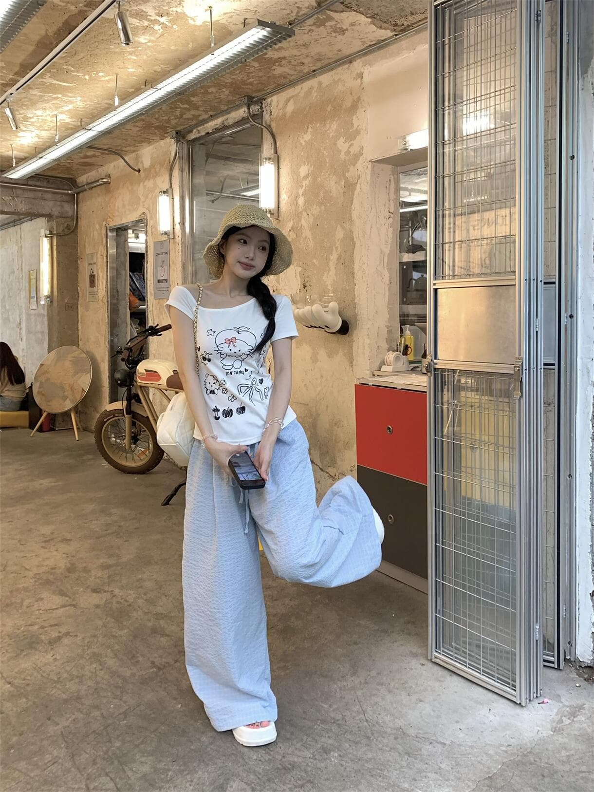실사 정가 한국 스타일 느긋한 느슨함 버블 면 체크무늬 바지 질감 센스 루즈핏 와이드 레그 팬츠 캐주얼 바지 상세 이미지 12