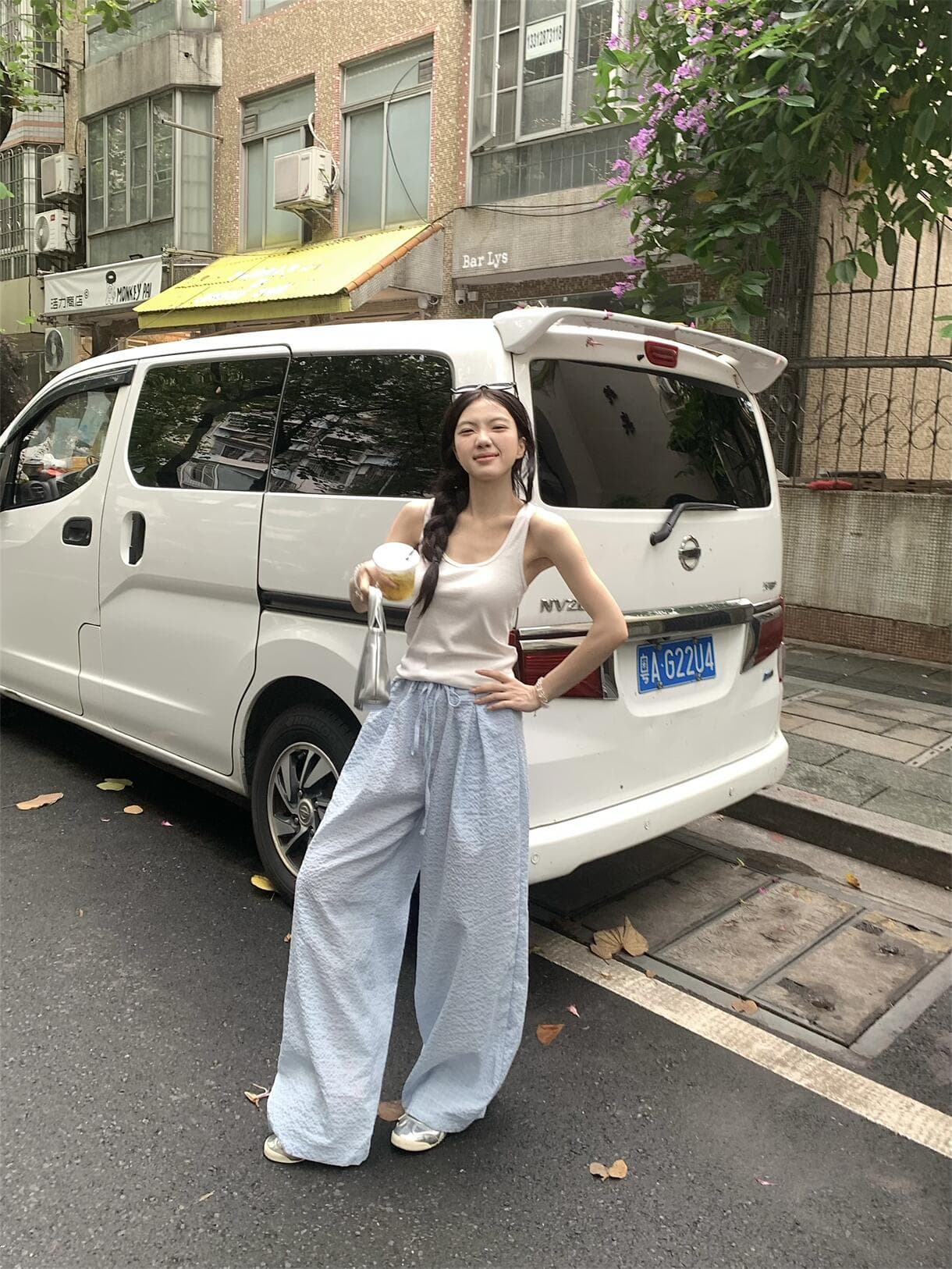 실사 정가 한국 스타일 느긋한 느슨함 버블 면 체크무늬 바지 질감 센스 루즈핏 와이드 레그 팬츠 캐주얼 바지