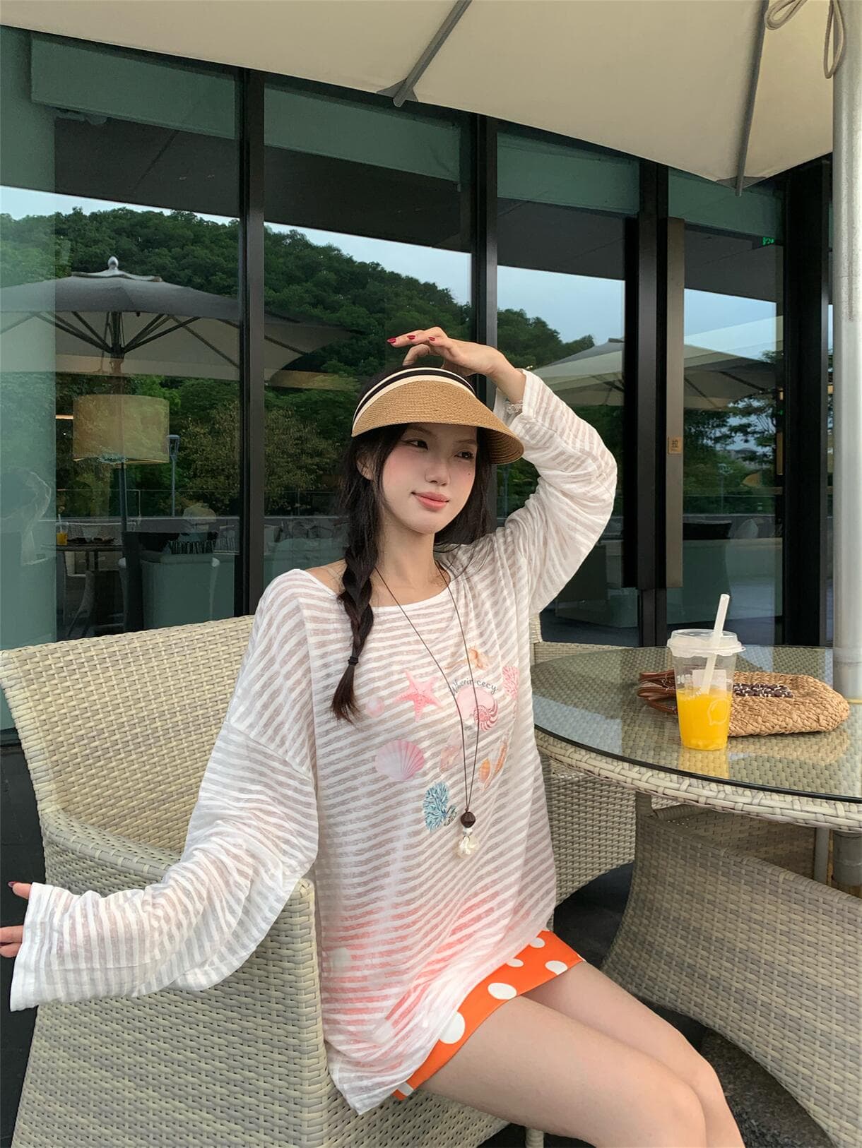 실사 정가 아메리칸 핫걸 조개 프린트 비스듬한 어깨 긴팔 티셔츠 슬림해 보이는 오프숄더 자외선 차단 얇은 스타일 맨위 상세 이미지 4