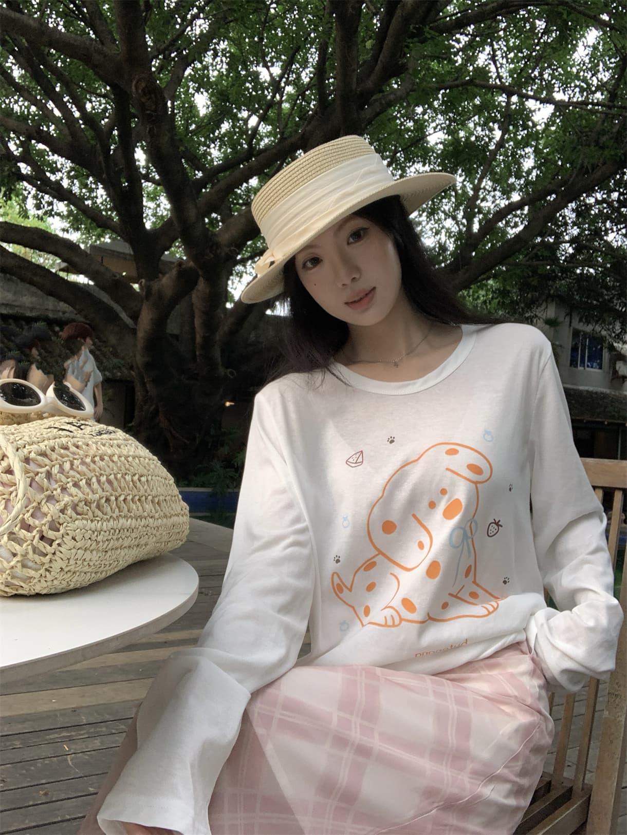 실사 정가 스팟 강아지 프린트 긴팔 얇은 스타일 티셔츠 자외선 차단 블라우스 분말 체크무늬 슬림해 보이는 반신 롱 스커트 상세 이미지 2