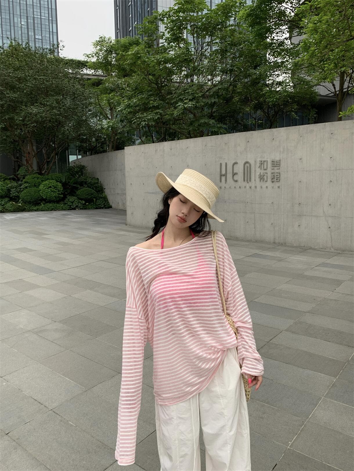 실사 정가 아메리칸 핫걸 스트라이프 비스듬한 어깨 긴팔 티셔츠 슬림해 보이는 오프숄더 자외선 차단 얇은 스타일 맨위 상세 이미지 15