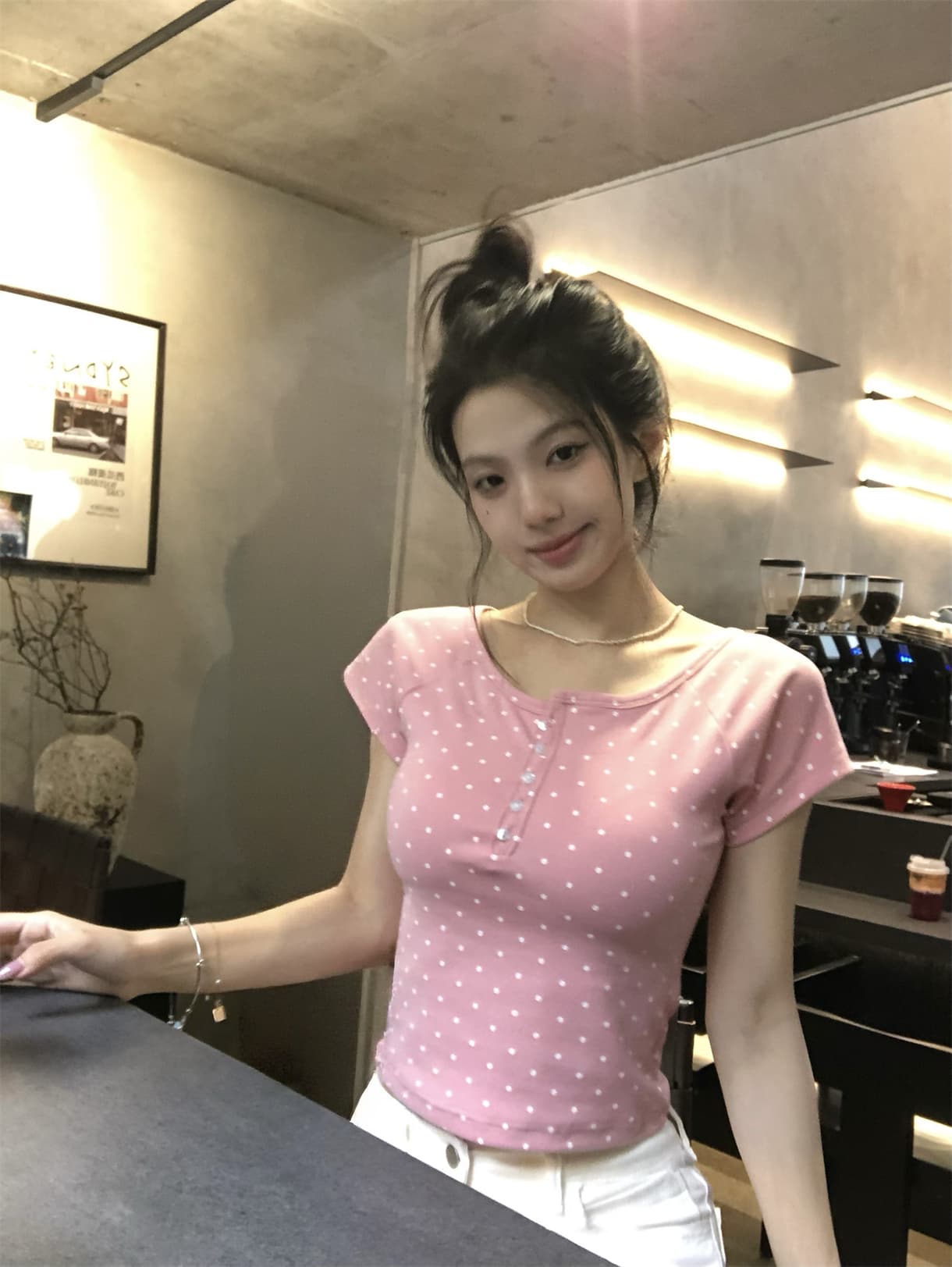 실사 정가 한 부서 순수한 욕망 도트 무늬 반팔 티셔츠 로즈 레드 달콤한 매운맛 쇼트 스타일 긍정적 인 어깨 의류 이미지 2
