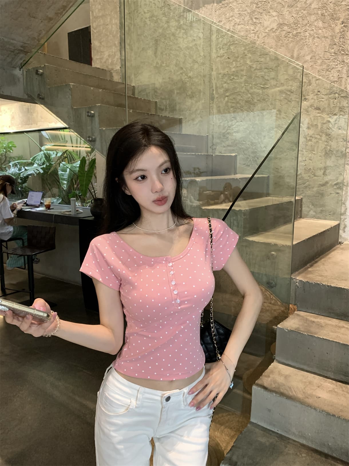 실사 정가 한 부서 순수한 욕망 도트 무늬 반팔 티셔츠 로즈 레드 달콤한 매운맛 쇼트 스타일 긍정적 인 어깨 의류 상세 이미지 20
