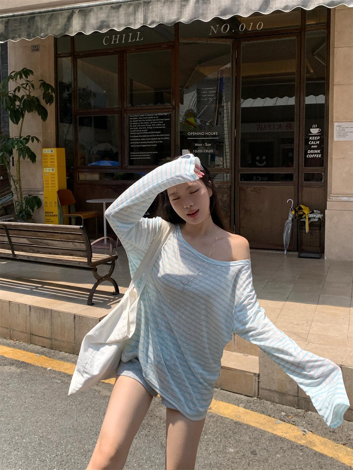 실사 정가 여름 연인 휴가 배색 스트라이프 흐릿한 ~을 통해 센스 긴팔 블라우스 얇은 스타일 티셔츠 맨위 상세 이미지 11