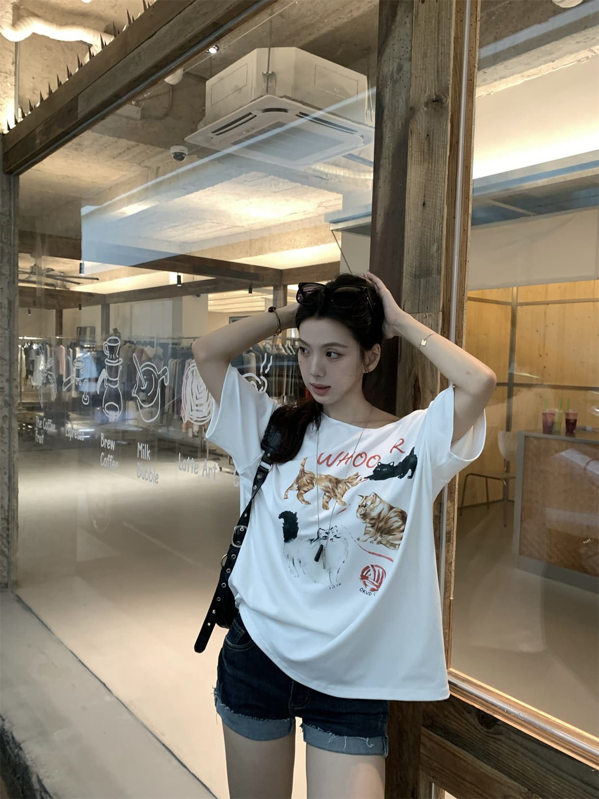 실사 정가 아메리칸 느긋한 비스듬한 어깨 고양이 프린트 루즈핏 반팔 티셔츠 상세 이미지 7