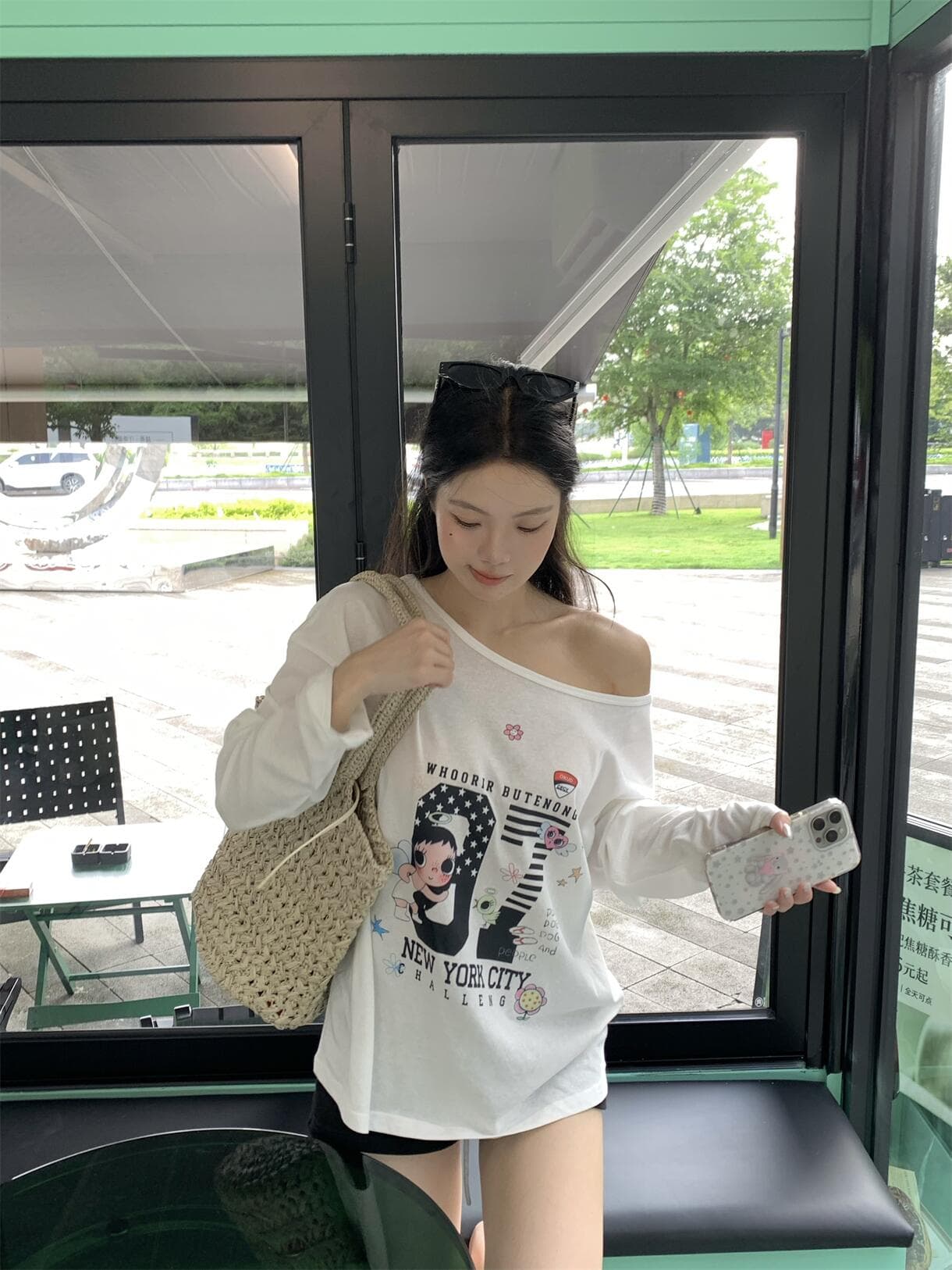 실사 정가 아메리칸 레트로 느긋한 프린트 자외선 차단 블라우스 비스듬한 어깨 얇은 스타일 긴팔 티셔츠 반팔 상세 이미지 1