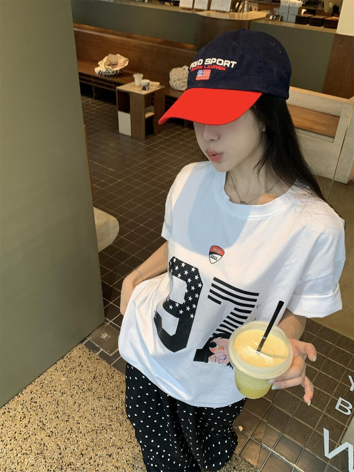 실사 정가 아메리칸 레트로 느긋한 프린트 자외선 차단 블라우스 비스듬한 어깨 얇은 스타일 긴팔 티셔츠 반팔 상세 이미지 20