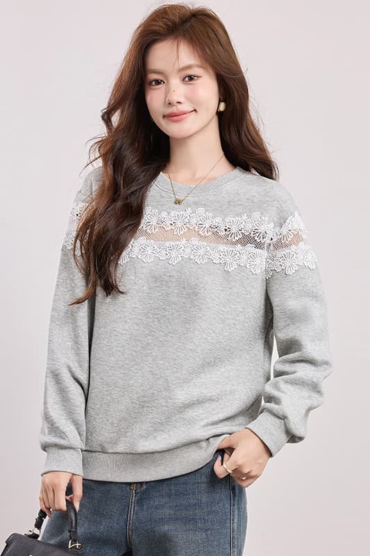 있음 선적 2026 가을 새로운 회색 패치워크 홀로우 아웃 레이스 디자인 후드티 여성 라운드 넥 다용도 루즈핏 맨위 이미지 6