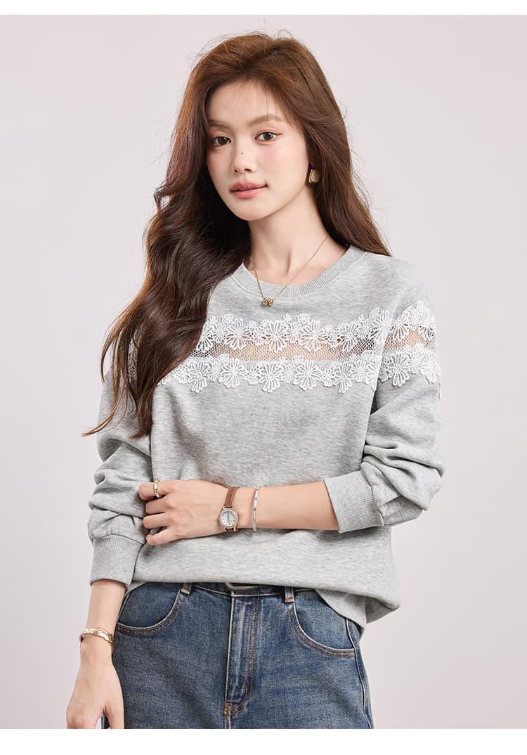 있음 선적 2026 가을 새로운 회색 패치워크 홀로우 아웃 레이스 디자인 후드티 여성 라운드 넥 다용도 루즈핏 맨위 상세 이미지 8