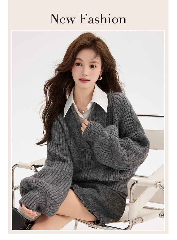 있음 선적 두꺼운 북극 플러시 원사 회색 V넥 가짜 2 피스 슈트 머리 스웨터 여자 가을 겨울 학원 스타일 니트 스웨터 상세 이미지 1
