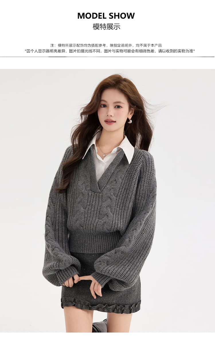있음 선적 두꺼운 북극 플러시 원사 회색 V넥 가짜 2 피스 슈트 머리 스웨터 여자 가을 겨울 학원 스타일 니트 스웨터 상세 이미지 5