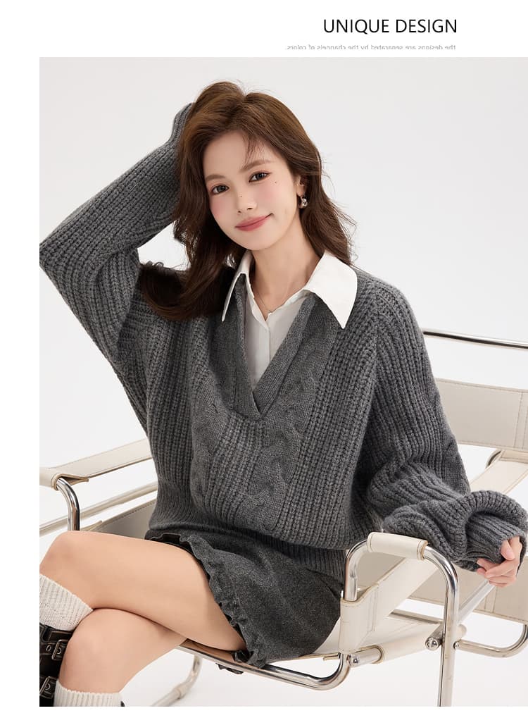 있음 선적 두꺼운 북극 플러시 원사 회색 V넥 가짜 2 피스 슈트 머리 스웨터 여자 가을 겨울 학원 스타일 니트 스웨터 상세 이미지 6