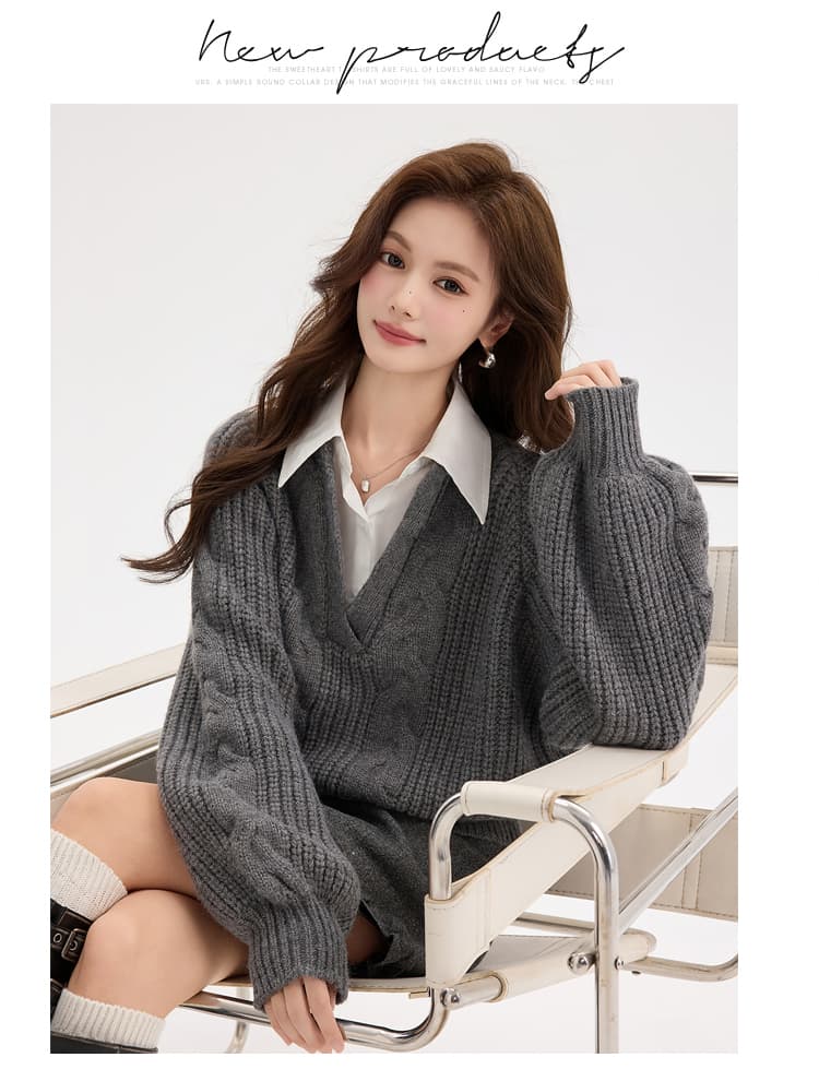 있음 선적 두꺼운 북극 플러시 원사 회색 V넥 가짜 2 피스 슈트 머리 스웨터 여자 가을 겨울 학원 스타일 니트 스웨터 상세 이미지 8