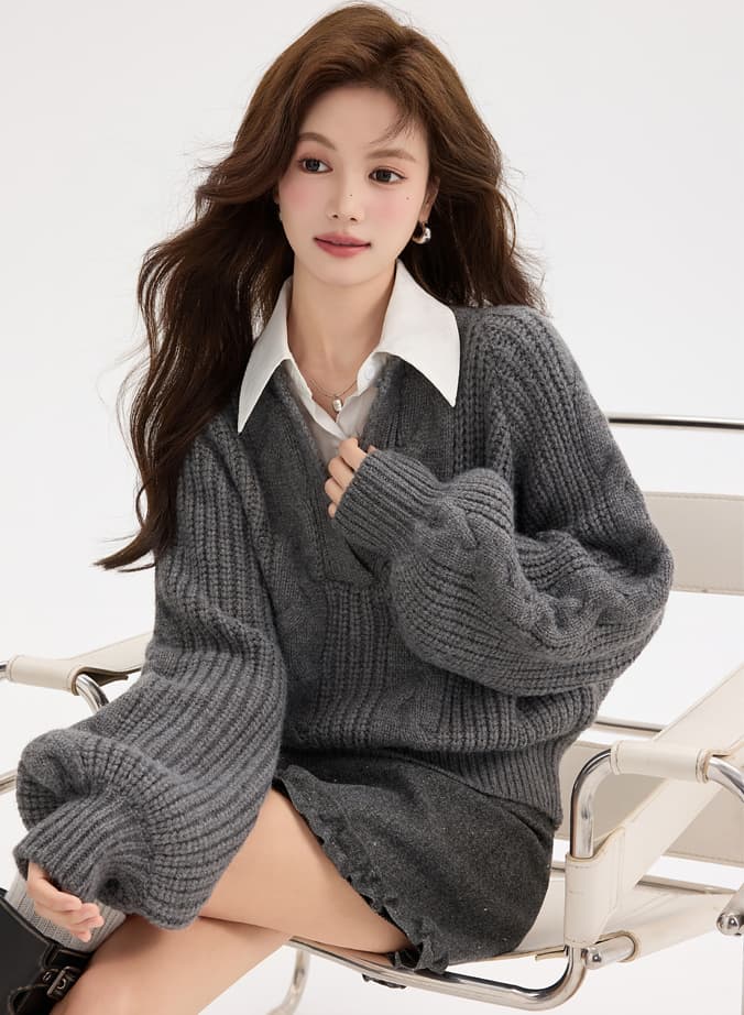 있음 선적 두꺼운 북극 플러시 원사 회색 V넥 가짜 2 피스 슈트 머리 스웨터 여자 가을 겨울 학원 스타일 니트 스웨터 이미지 3