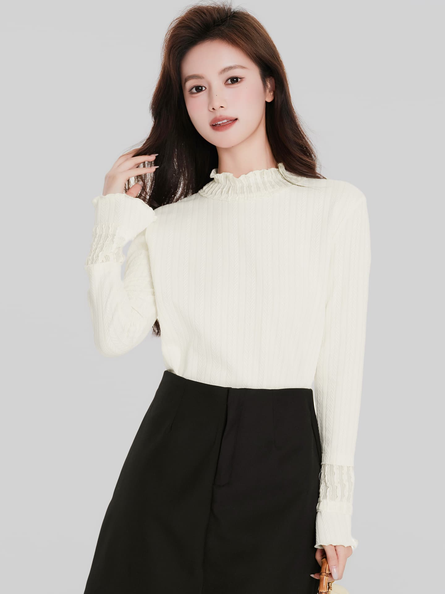 있음 선적 작은 반쪽 터틀넥 기본 셔츠 가을 겨울 새로운 인사이드 가져 가라. 프릴 긴팔 티셔츠 Chic 나팔 소매 맨위 이미지 3