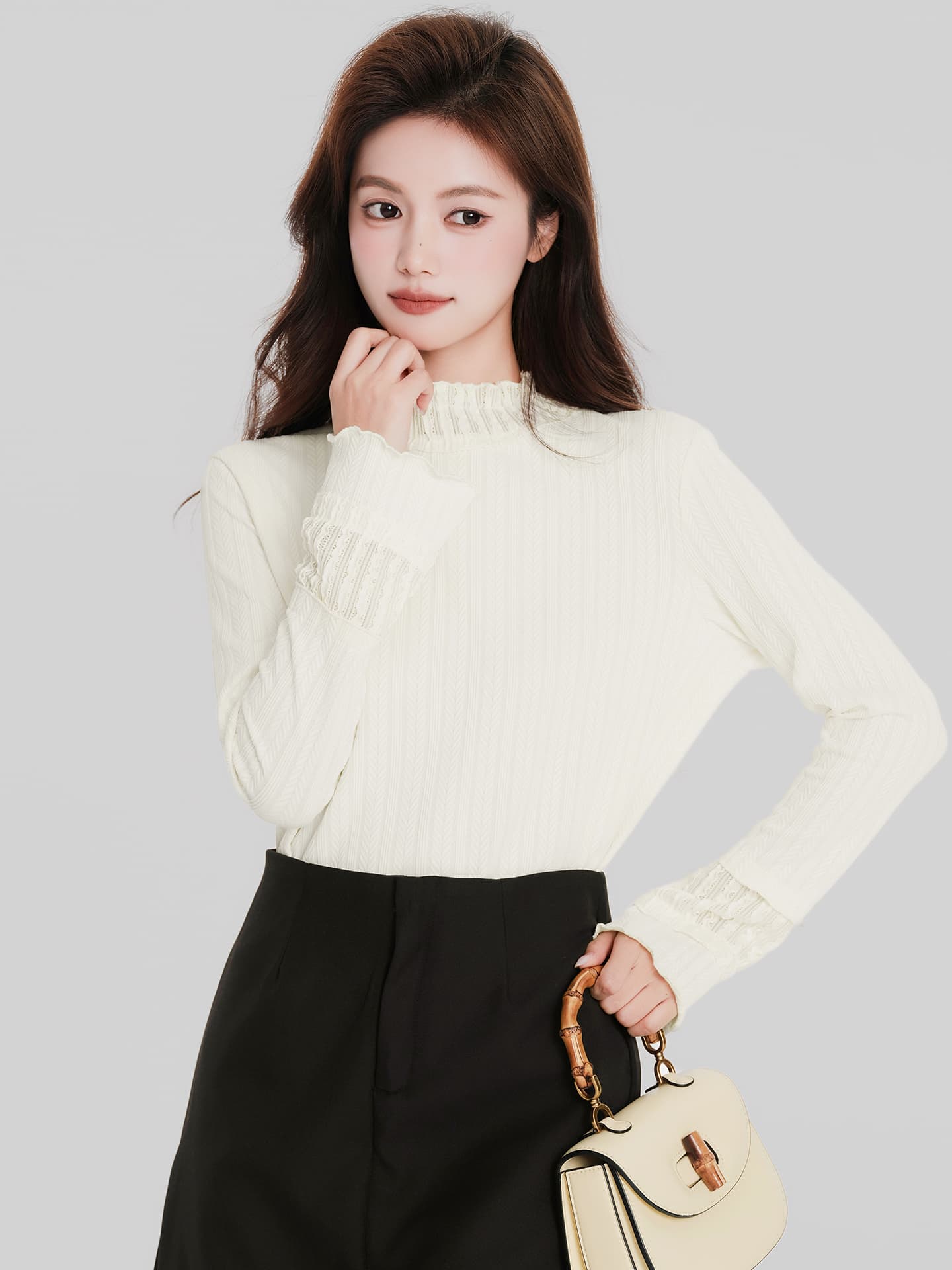있음 선적 작은 반쪽 터틀넥 기본 셔츠 가을 겨울 새로운 인사이드 가져 가라. 프릴 긴팔 티셔츠 Chic 나팔 소매 맨위 이미지 4