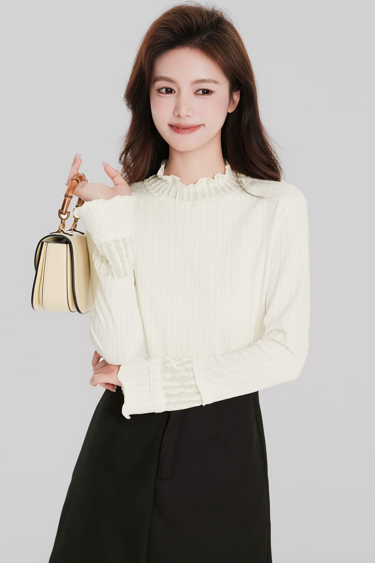 있음 선적 작은 반쪽 터틀넥 기본 셔츠 가을 겨울 새로운 인사이드 가져 가라. 프릴 긴팔 티셔츠 Chic 나팔 소매 맨위 이미지 6