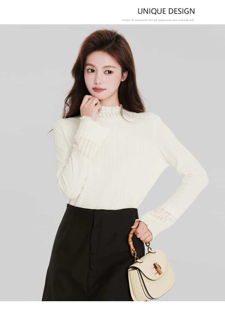 있음 선적 작은 반쪽 터틀넥 기본 셔츠 가을 겨울 새로운 인사이드 가져 가라. 프릴 긴팔 티셔츠 Chic 나팔 소매 맨위 상세 이미지 6