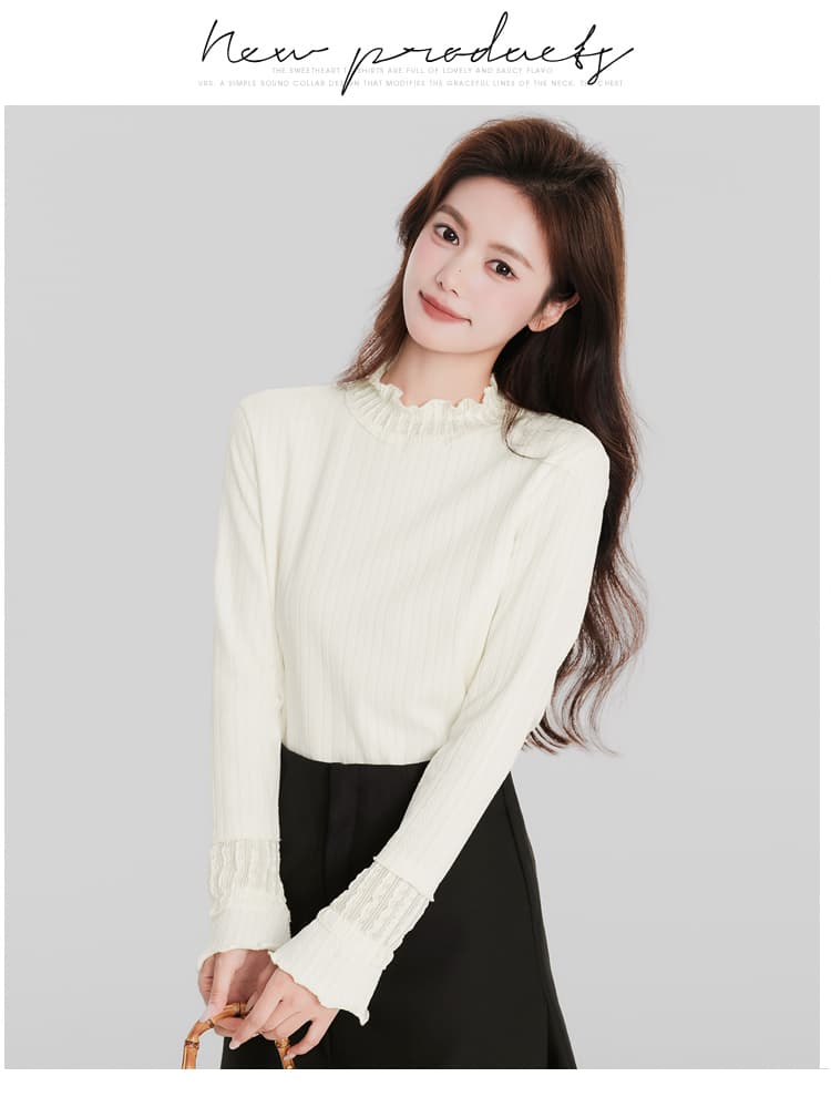 있음 선적 작은 반쪽 터틀넥 기본 셔츠 가을 겨울 새로운 인사이드 가져 가라. 프릴 긴팔 티셔츠 Chic 나팔 소매 맨위 상세 이미지 8
