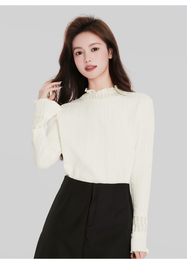 있음 선적 작은 반쪽 터틀넥 기본 셔츠 가을 겨울 새로운 인사이드 가져 가라. 프릴 긴팔 티셔츠 Chic 나팔 소매 맨위 상세 이미지 9