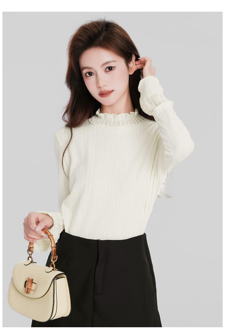 있음 선적 작은 반쪽 터틀넥 기본 셔츠 가을 겨울 새로운 인사이드 가져 가라. 프릴 긴팔 티셔츠 Chic 나팔 소매 맨위 상세 이미지 10
