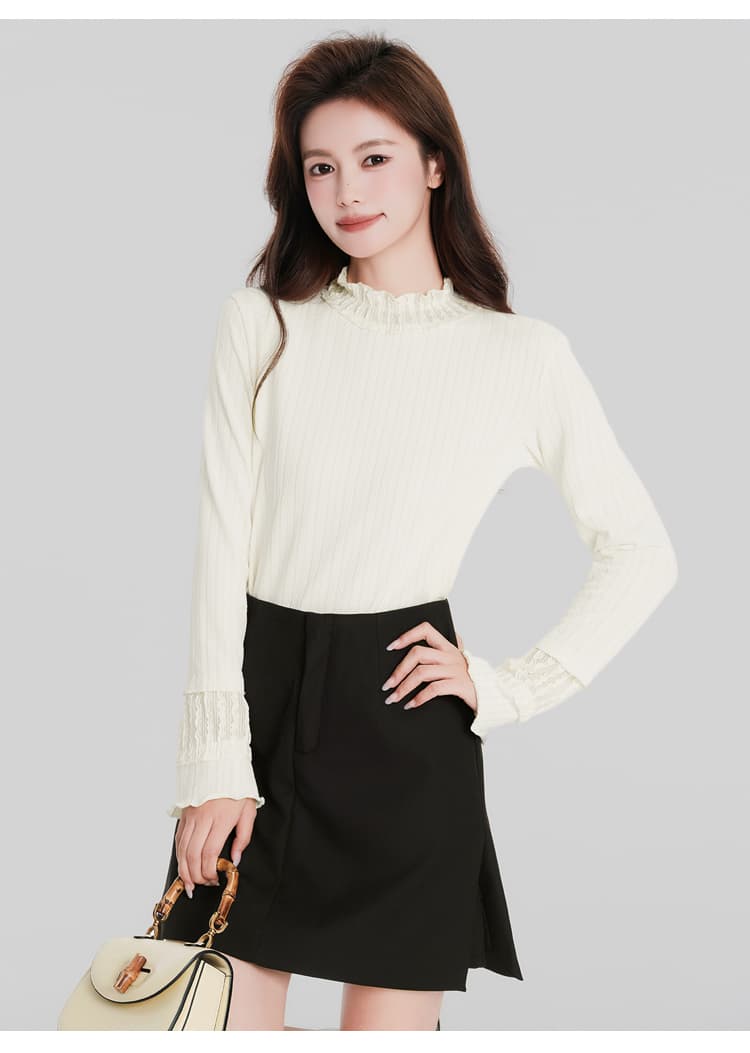 있음 선적 작은 반쪽 터틀넥 기본 셔츠 가을 겨울 새로운 인사이드 가져 가라. 프릴 긴팔 티셔츠 Chic 나팔 소매 맨위 상세 이미지 11