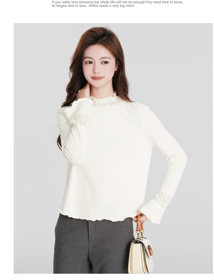 있음 선적 작은 반쪽 터틀넥 기본 셔츠 가을 겨울 새로운 인사이드 가져 가라. 프릴 긴팔 티셔츠 Chic 나팔 소매 맨위 상세 이미지 13
