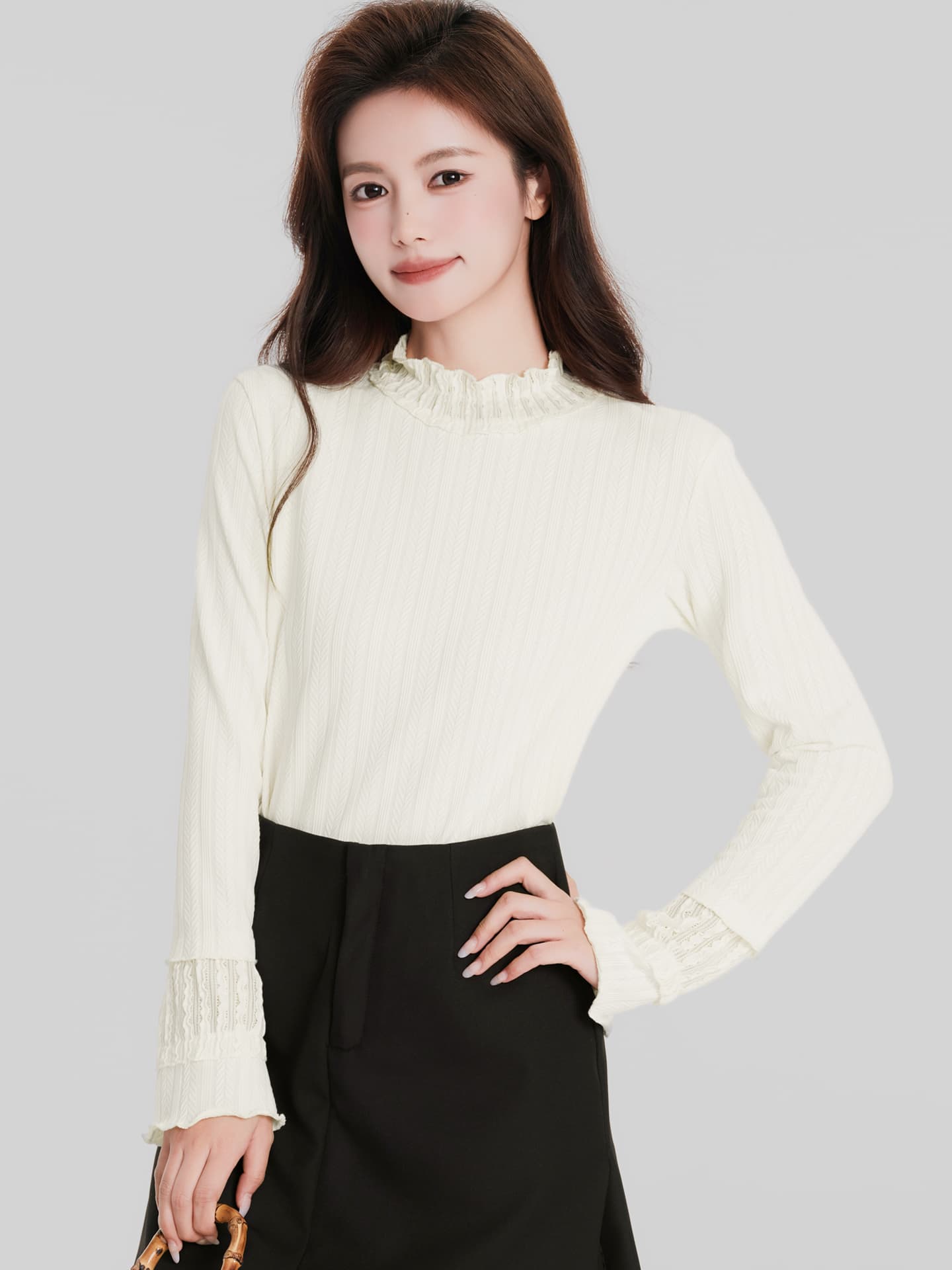 있음 선적 작은 반쪽 터틀넥 기본 셔츠 가을 겨울 새로운 인사이드 가져 가라. 프릴 긴팔 티셔츠 Chic 나팔 소매 맨위 이미지 2