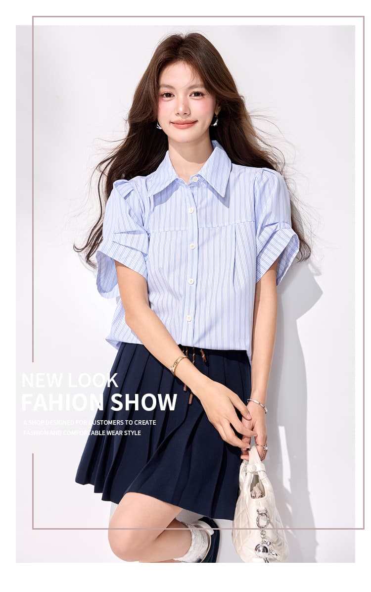 있음 선적 블루 화이트 세로 줄무늬 여성 셔츠 여름 디자인 센스 거품 소매 루즈핏 폴로 칼라 반팔 출퇴근 다용도 작은 셔츠 상세 이미지 1