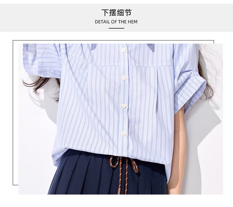 있음 선적 블루 화이트 세로 줄무늬 여성 셔츠 여름 디자인 센스 거품 소매 루즈핏 폴로 칼라 반팔 출퇴근 다용도 작은 셔츠 상세 이미지 7