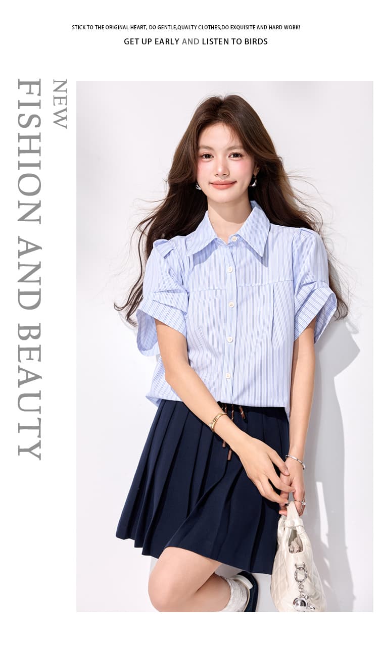 있음 선적 블루 화이트 세로 줄무늬 여성 셔츠 여름 디자인 센스 거품 소매 루즈핏 폴로 칼라 반팔 출퇴근 다용도 작은 셔츠 상세 이미지 11