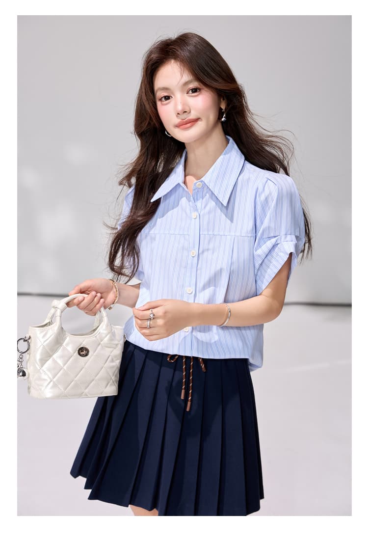 있음 선적 블루 화이트 세로 줄무늬 여성 셔츠 여름 디자인 센스 거품 소매 루즈핏 폴로 칼라 반팔 출퇴근 다용도 작은 셔츠 상세 이미지 12