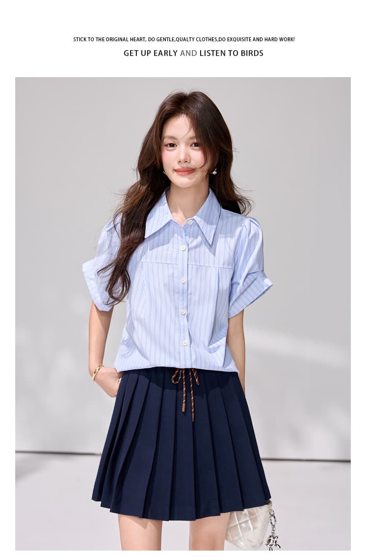 있음 선적 블루 화이트 세로 줄무늬 여성 셔츠 여름 디자인 센스 거품 소매 루즈핏 폴로 칼라 반팔 출퇴근 다용도 작은 셔츠 상세 이미지 13