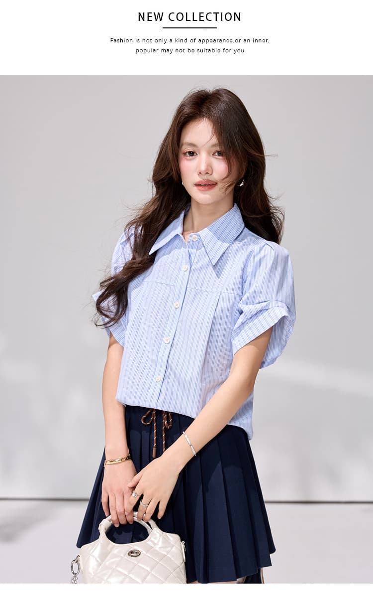 있음 선적 블루 화이트 세로 줄무늬 여성 셔츠 여름 디자인 센스 거품 소매 루즈핏 폴로 칼라 반팔 출퇴근 다용도 작은 셔츠 상세 이미지 14