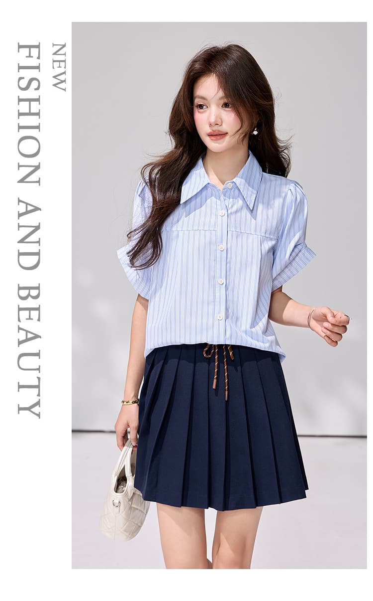 있음 선적 블루 화이트 세로 줄무늬 여성 셔츠 여름 디자인 센스 거품 소매 루즈핏 폴로 칼라 반팔 출퇴근 다용도 작은 셔츠 상세 이미지 15