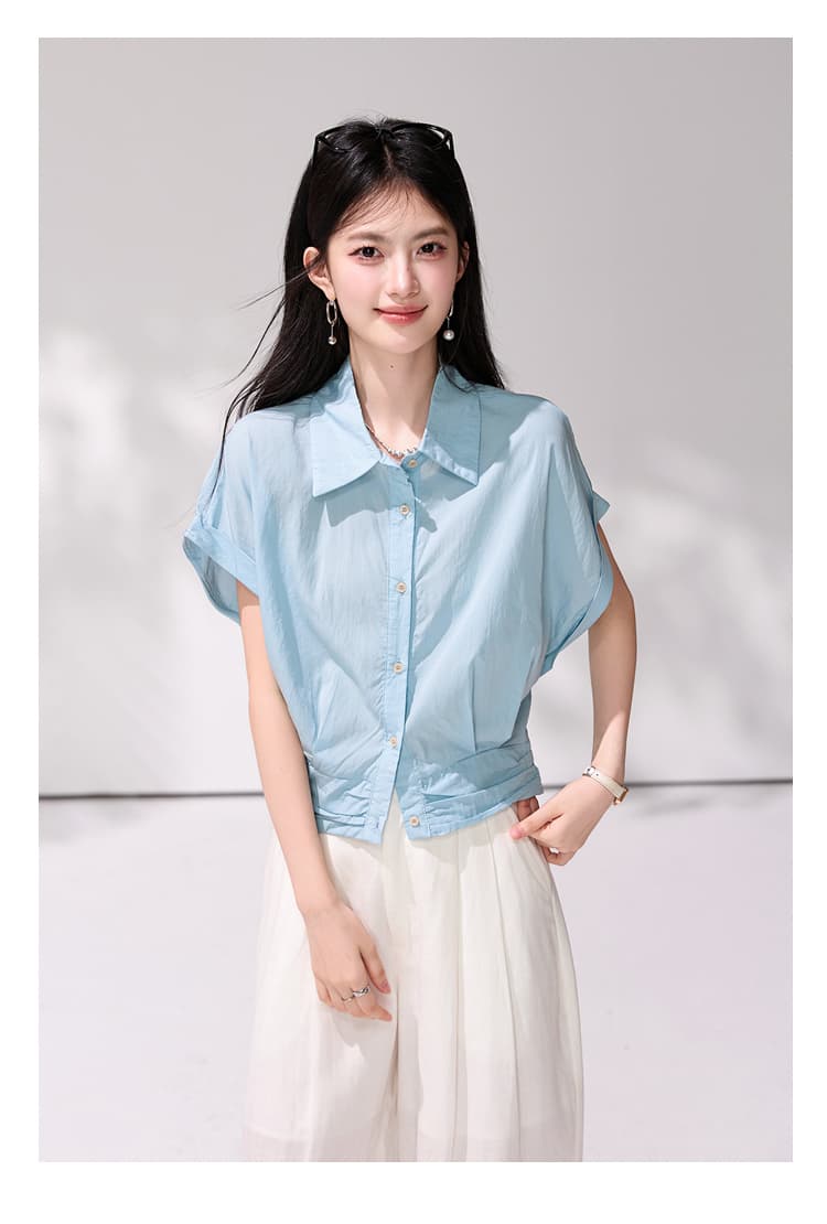 있음 선적 패션 파란색 폴로 칼라 반팔 여성 셔츠 여름 새로운 고급 센스 빛 럭셔리 미니멀리즘 루즈핏 맨위 상세 이미지 12