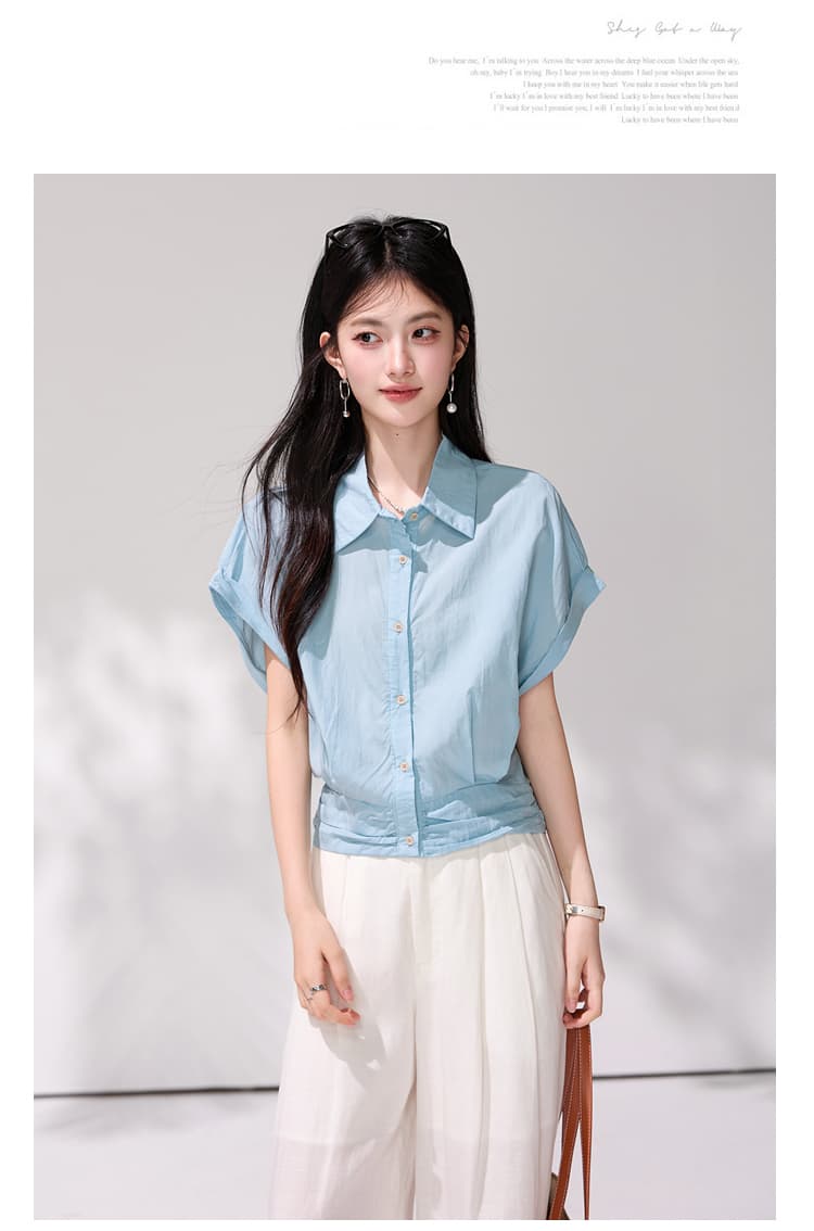 있음 선적 패션 파란색 폴로 칼라 반팔 여성 셔츠 여름 새로운 고급 센스 빛 럭셔리 미니멀리즘 루즈핏 맨위 상세 이미지 13