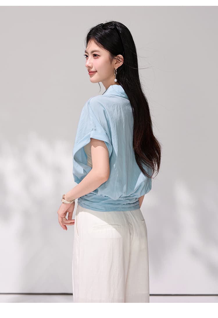 있음 선적 패션 파란색 폴로 칼라 반팔 여성 셔츠 여름 새로운 고급 센스 빛 럭셔리 미니멀리즘 루즈핏 맨위 상세 이미지 16