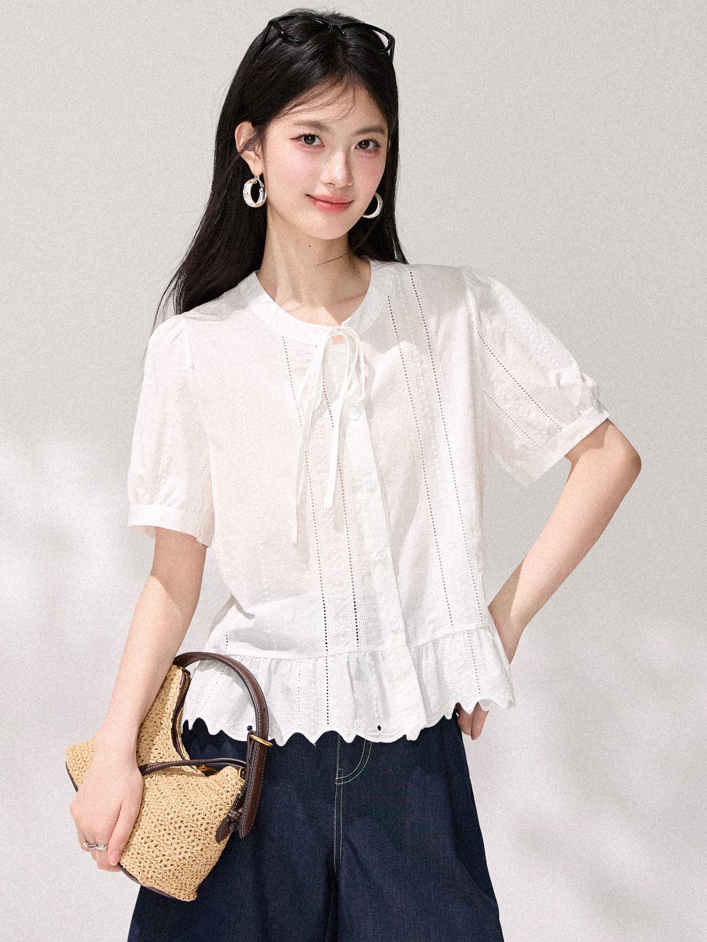 있음 선적 한 부서 부드러운 바람 화이트 레이스 업 셔츠 여름 거품 소매 루즈핏 프릴 슬림해 보이는 반팔 맨위