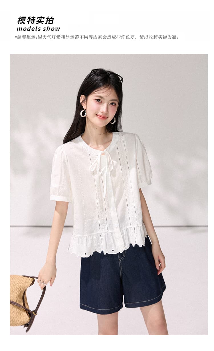 있음 선적 한 부서 부드러운 바람 화이트 레이스 업 셔츠 여름 거품 소매 루즈핏 프릴 슬림해 보이는 반팔 맨위 상세 이미지 8