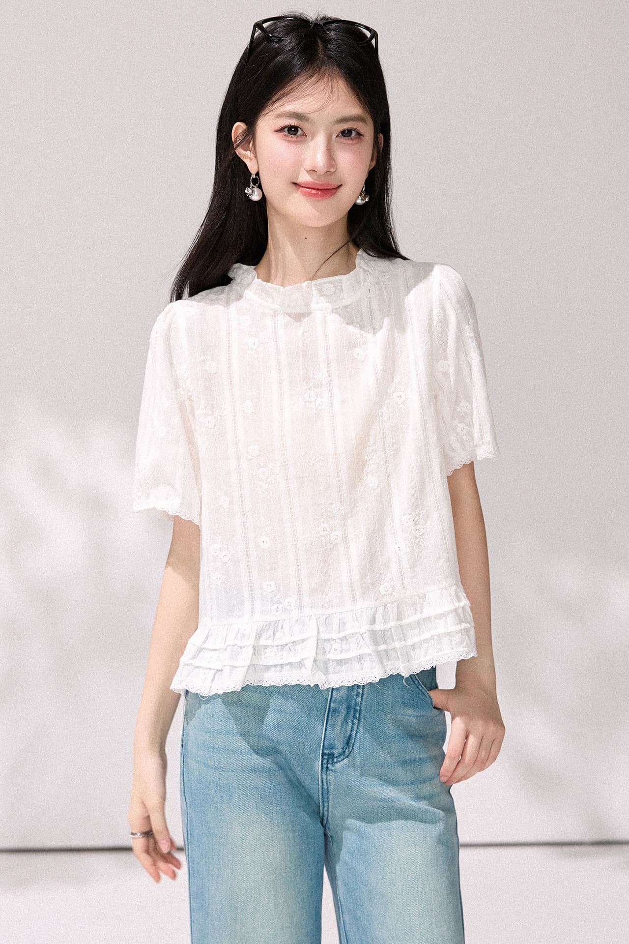 있음 선적 화이트 자수 프릴 반팔 레이스 셔츠 여름 새로운 한 부서 달콤함 작은 키 인형 셔츠 이미지 6