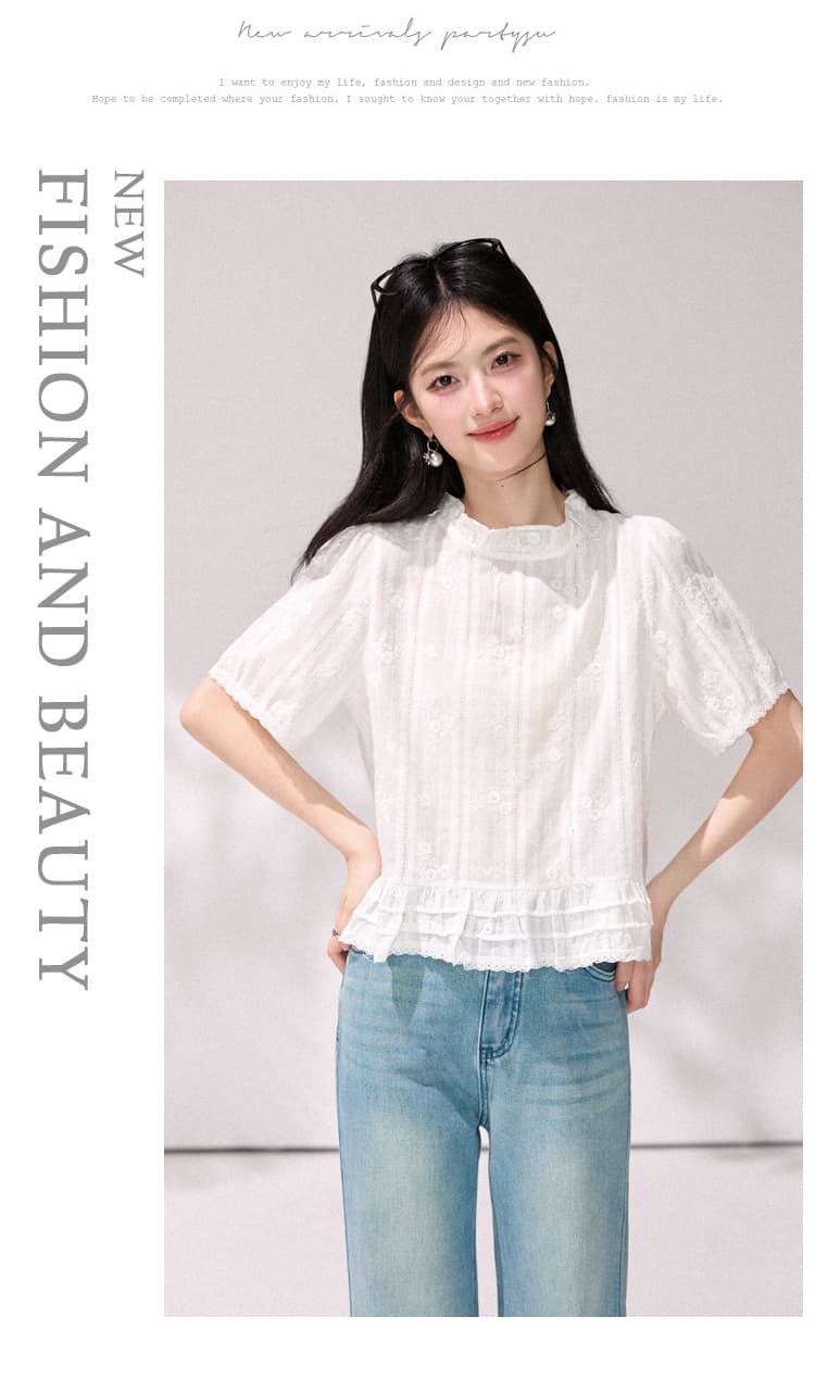 있음 선적 화이트 자수 프릴 반팔 레이스 셔츠 여름 새로운 한 부서 달콤함 작은 키 인형 셔츠 상세 이미지 12