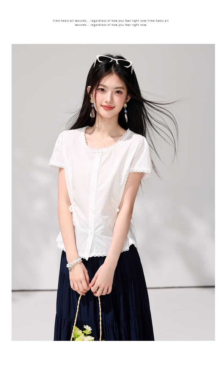 있음 선적 프랑스식 레이스 레이스 허리 수축 여성 셔츠 여름 새로운 품격 출퇴근 라운드 넥 슬림해 보이는 반팔 맨위 상세 이미지 10