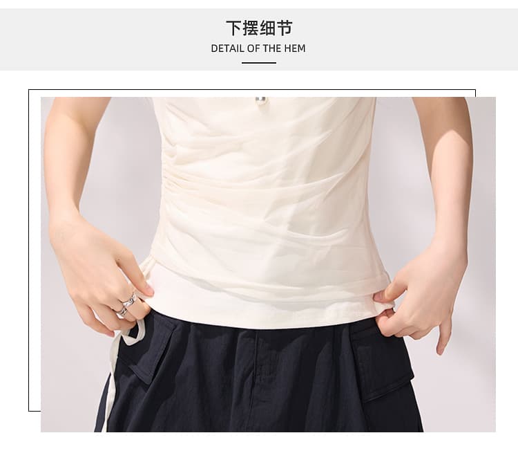 있음 선적 프랑스식 디자인 센스 패션 망사 패치워크 반팔 티셔츠 긍정적 인 어깨 몸매 가꾸기 슬림해 보이는 출퇴근 패치워크 맨위 상세 이미지 7