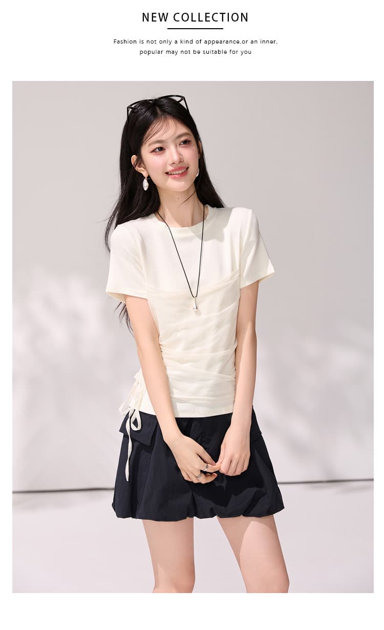 있음 선적 프랑스식 디자인 센스 패션 망사 패치워크 반팔 티셔츠 긍정적 인 어깨 몸매 가꾸기 슬림해 보이는 출퇴근 패치워크 맨위 상세 이미지 13