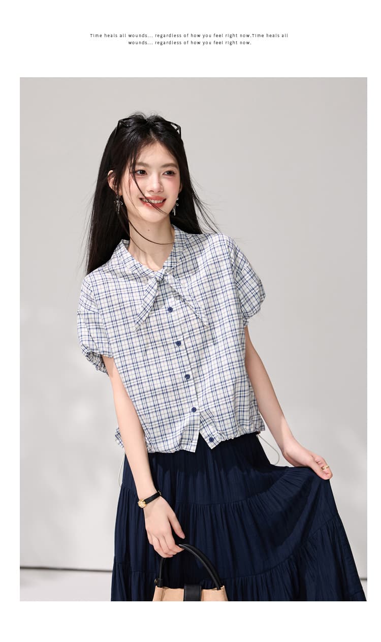 있음 선적 한 부서 나비 넥타이 반팔 체크무늬 여성 셔츠 2026 여름 새로운 주름 꽃밭 소매 출퇴근 맨위 상세 이미지 11