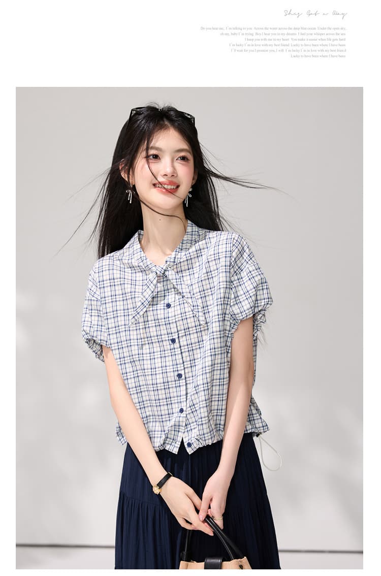 있음 선적 한 부서 나비 넥타이 반팔 체크무늬 여성 셔츠 2026 여름 새로운 주름 꽃밭 소매 출퇴근 맨위 상세 이미지 14